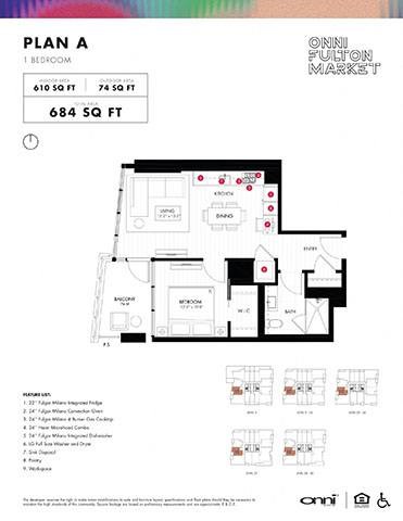 Floor plan for 1 bed, 1 bath, 610 sqft